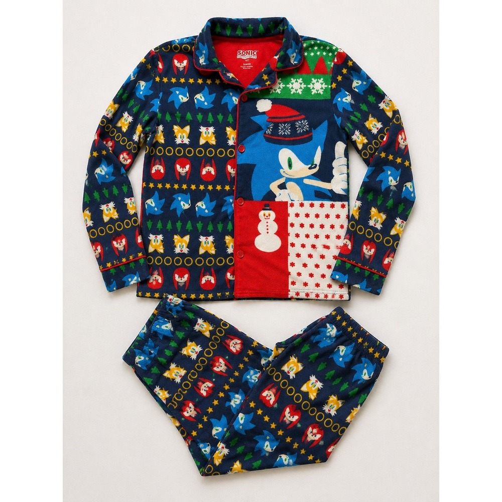 Sonic the Hedgehog Kids Christmas Fleece Pajama Set Large 10/12 Holiday Sega